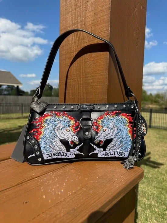 NWT Ed Hardy Black Shoulder Bag with Twin Unicorn Embroidery - Picture 1 of 10